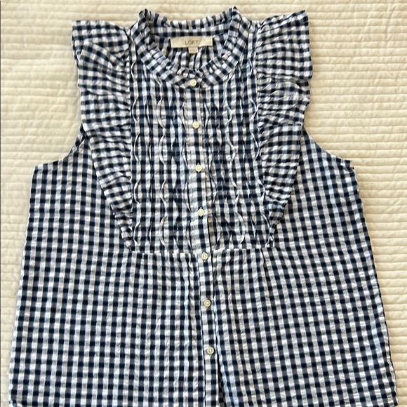LOFT Blue and White Blouse with Smocked Details - Picture 3 of 8